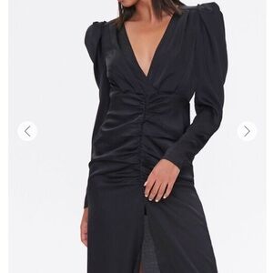 Ruched Puff-Sleeve Midi Dress